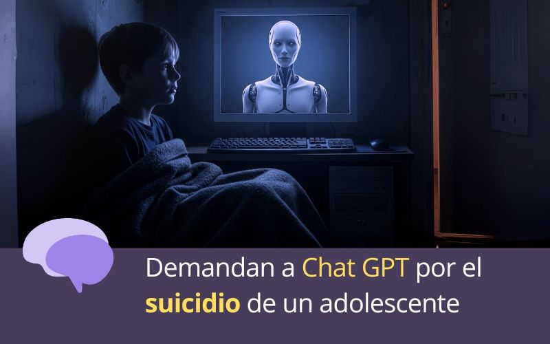 Niño a oscuras frente a un ordenador donde un robot de IA simboliza el peligro de la tecnología para la salud mental.
